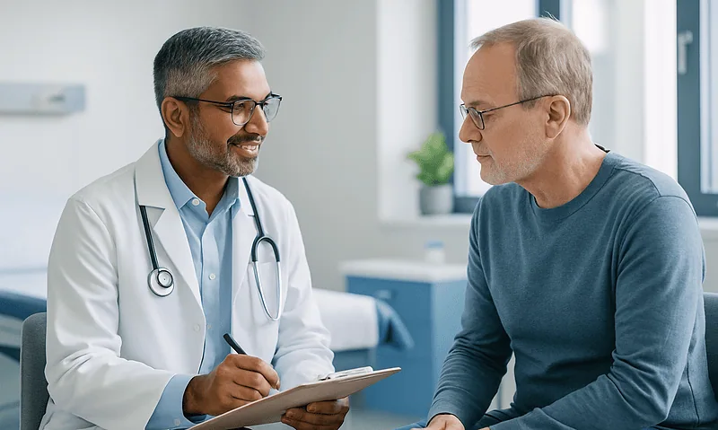 Doctor consulting with an older male patient in a medical office.