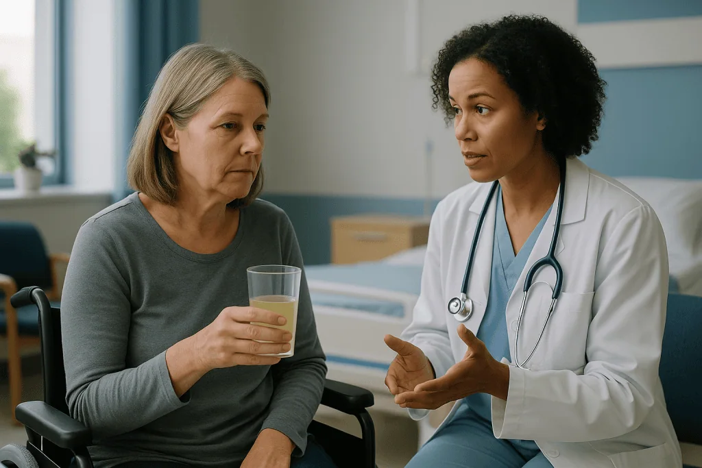 Doctor consulting with adult patient in clinical setting: Neurogenic bladder in MS: same organ, a different story