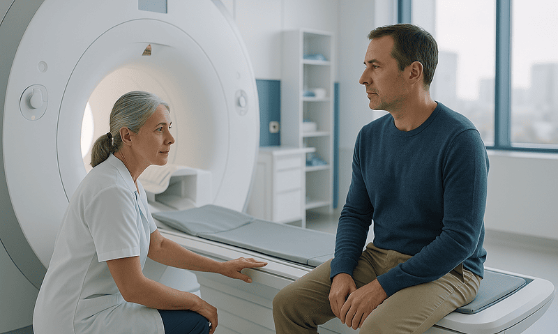 Doctor consulting with patient in MRI scan room at Acibadem Hospital.