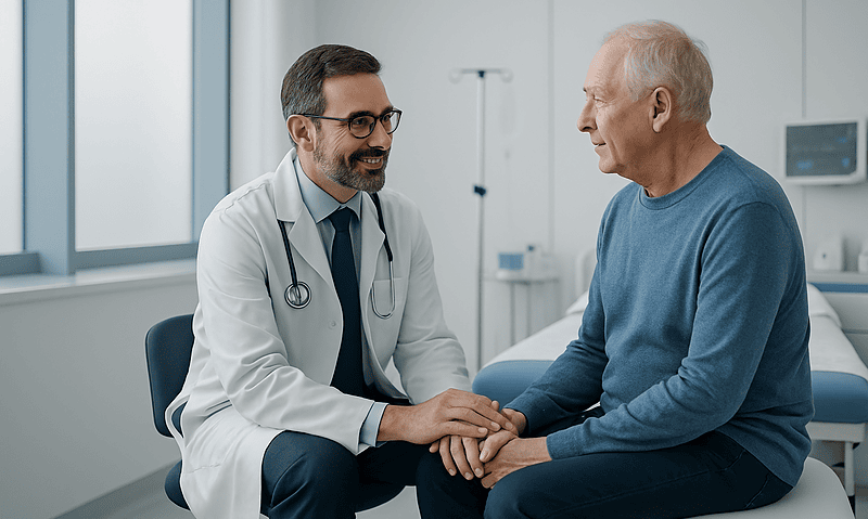 Doctor consulting with elderly patient in hospital room.