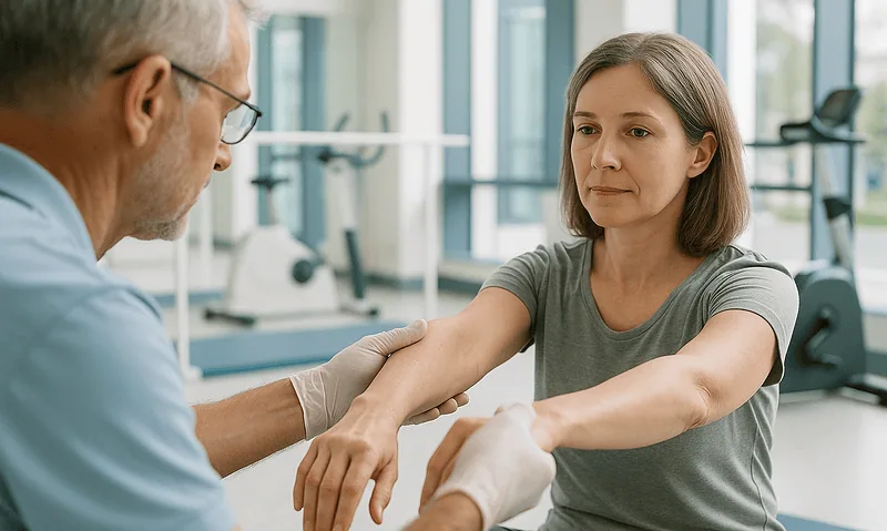 Physical therapist assisting a woman with arm exercises in a rehabilitation center.