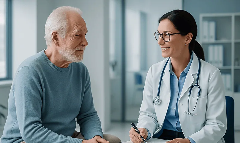 Doctor consulting elderly patient in a hospital setting.