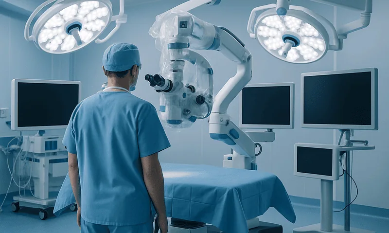 Surgeon preparing for neuromodulation procedure in advanced operating room.