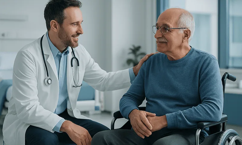Compassionate doctor consulting with elderly patient in hospital setting.