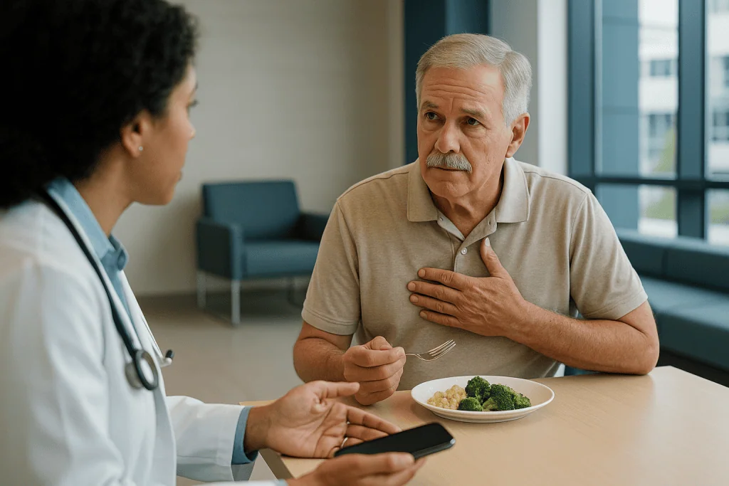 Senior man discussing health with female doctor during meal: Neuromuscular disease: when to call a neurologist and when to c