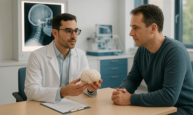Doctor explaining brain health to patient in neurology clinic at Acibadem Hospital.