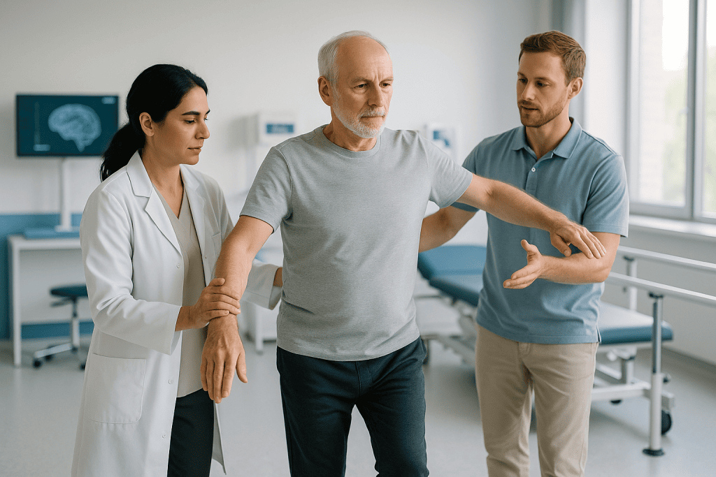 Neuromuscular Diseases Treatment 1 Neuromuscular examination in a hospital setting with medical professionals.