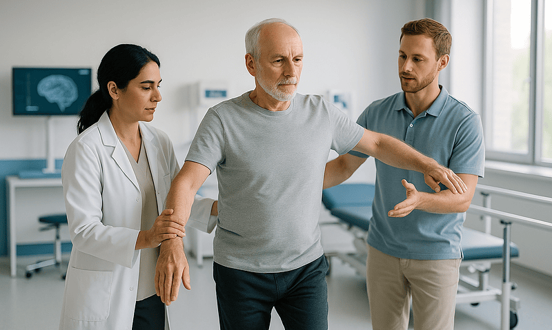 Neuromuscular examination in a hospital setting with medical professionals.