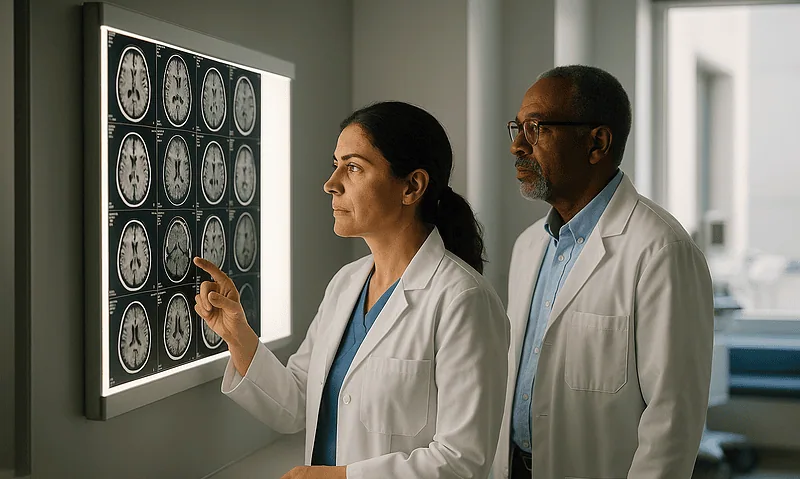 Doctors examining brain scans in a hospital setting.