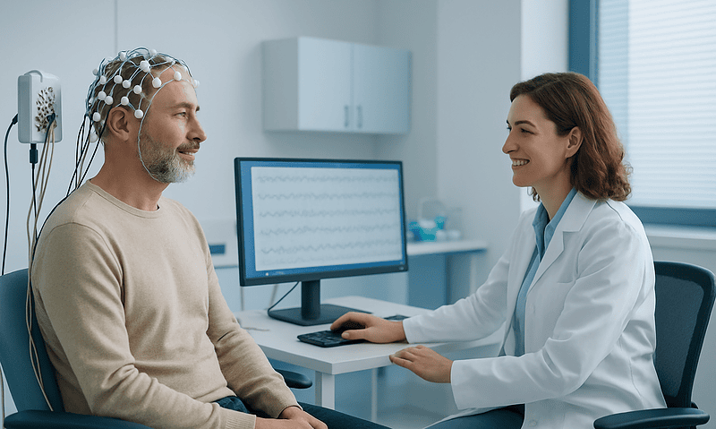 Doctor explains neurophysiology tests to patient in a clinical setting.