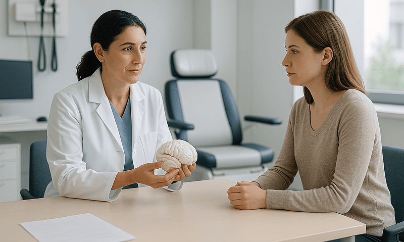 Doctor explaining brain health to patient in a medical consultation.