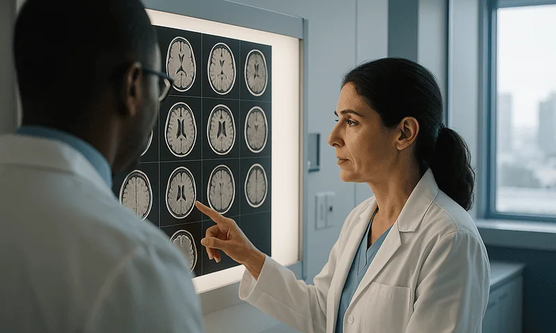 Medical professionals examining brain MRI scans in a hospital setting.