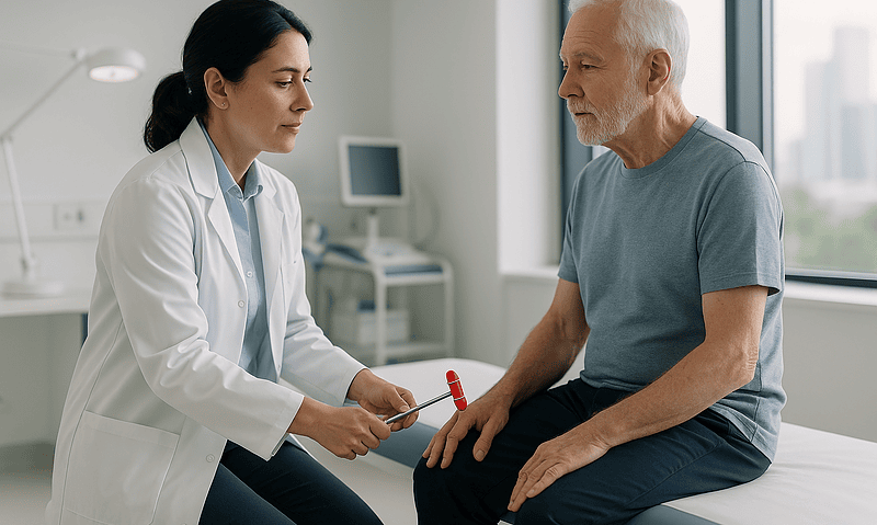 Doctor consulting with an elderly male patient in a hospital room.
