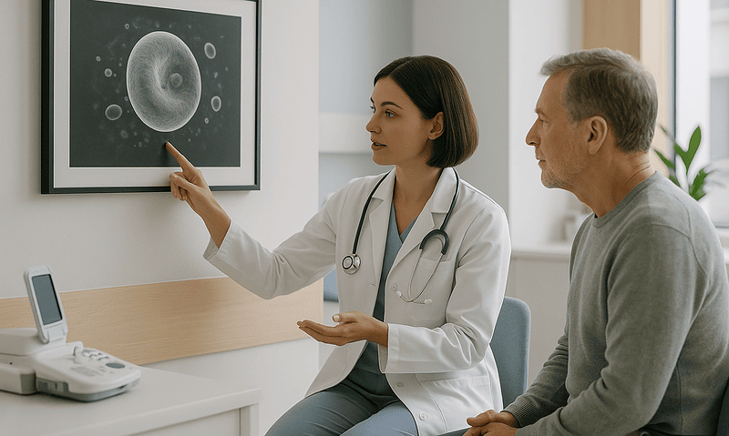 Doctor explaining blood cell image to patient in a medical consultation.