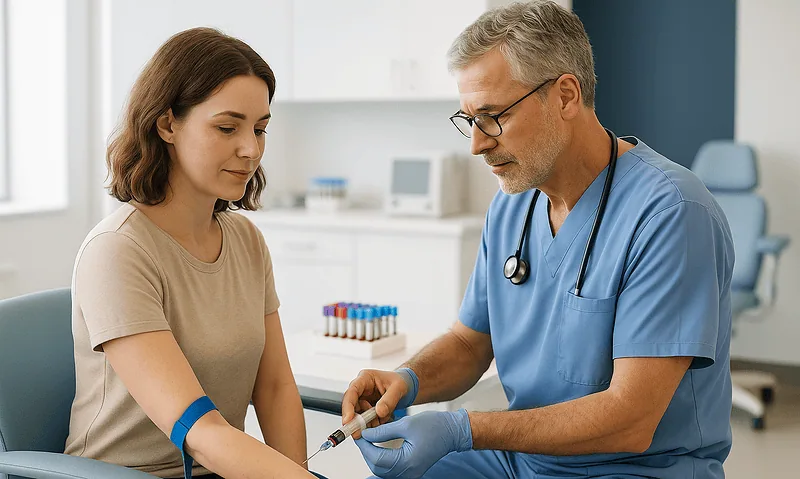 Doctor administering injection to young woman in medical clinic.