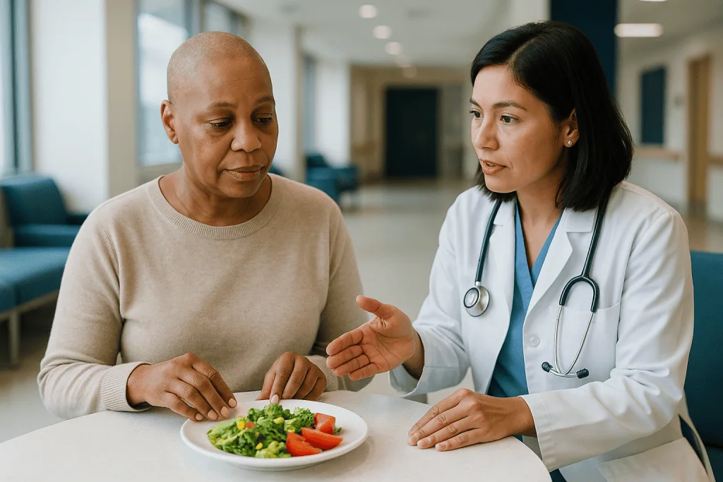 Doctor discussing healthy salad with adult patient: Neutropenic diet food list: is a strict diet still recommended?