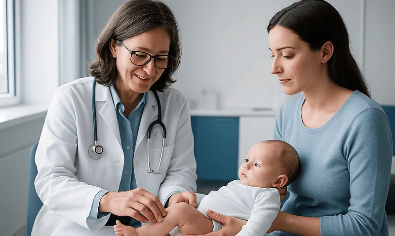 Pediatrician examining a baby's hips during a check-up in a clinic.