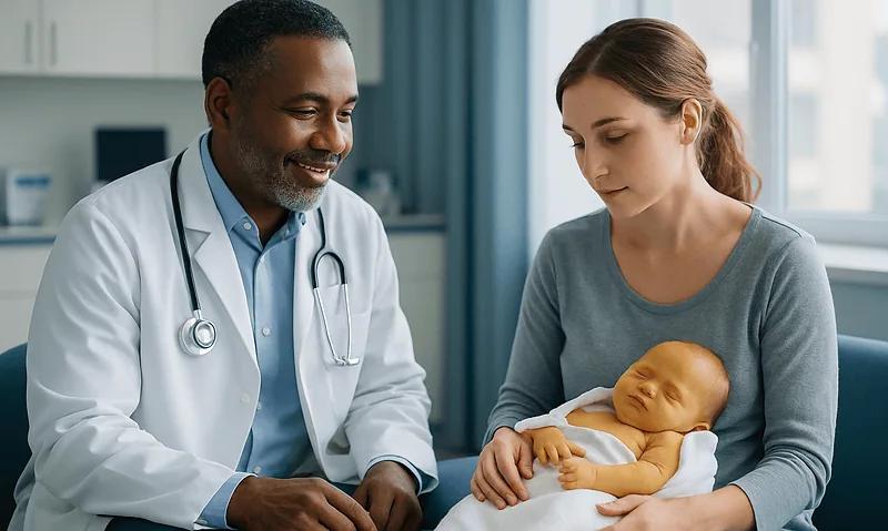 Doctor and mother with newborn in hospital setting.