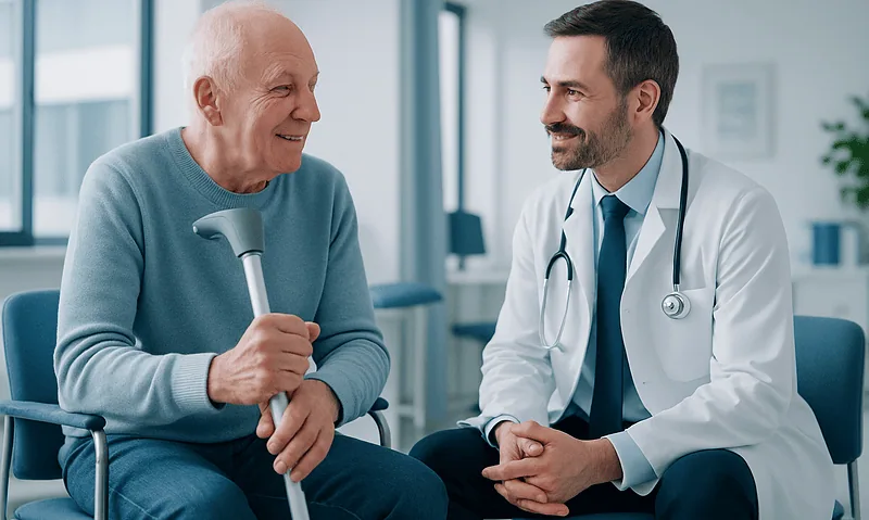 Elderly patient with cane talking to a doctor in a hospital setting.