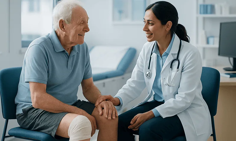Doctor consulting elderly patient with knee injury in hospital.
