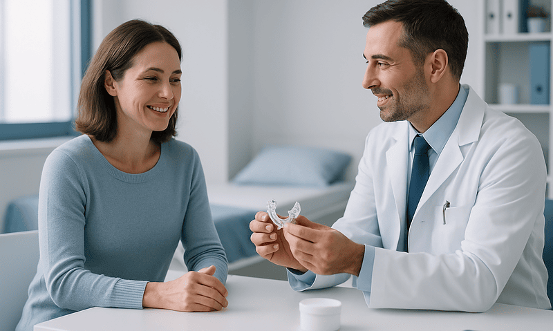 Dentist explaining night guard for bruxism to patient in clinic.