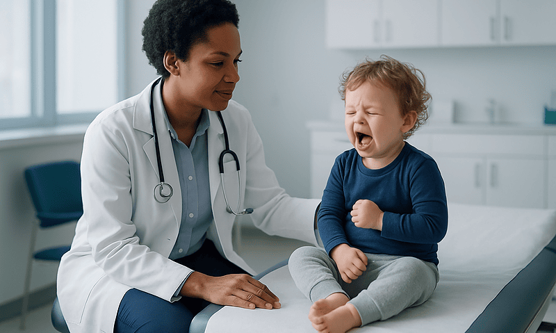 Pediatrician examining a crying toddler in a medical clinic.