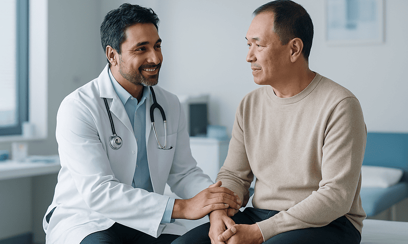 Doctor comforting a patient in a medical consultation room.