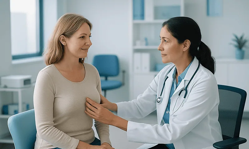 Doctor examining a woman's breast in a medical consultation room.