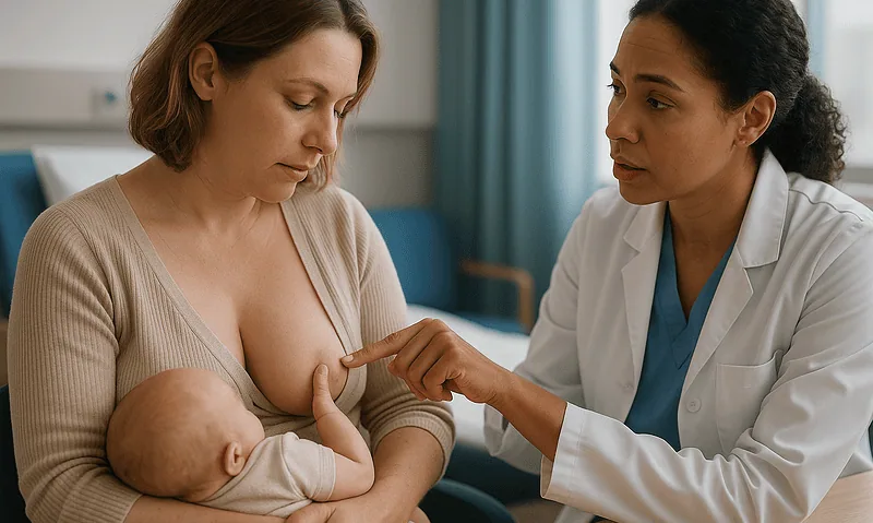 Mother breastfeeding her baby in a hospital setting with a healthcare professional present.