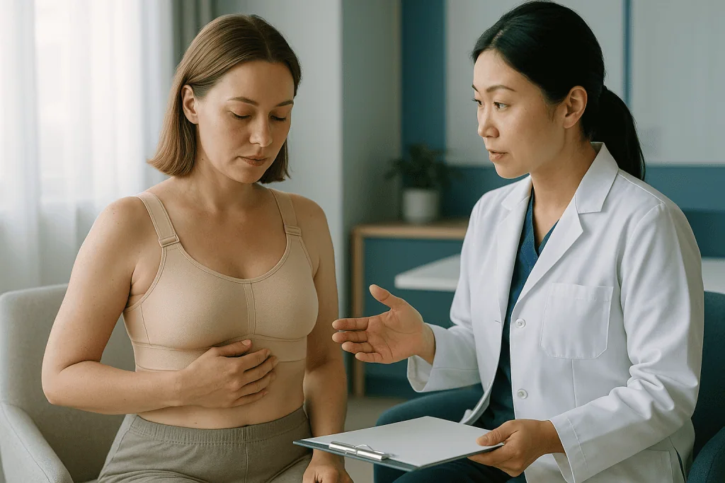 Doctor consulting patient about breast health concerns: Nipple surgery recovery, day by day: what the first two weeks usuall