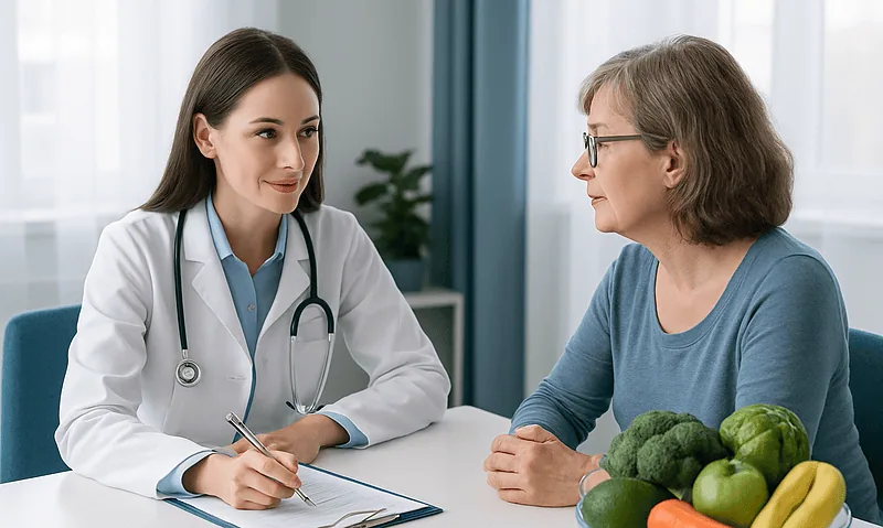 Doctor consulting with a patient about health and nutrition.