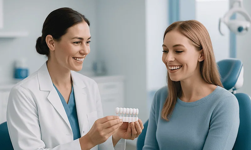 Dentist showing dental veneers to a patient in a clinic setting.