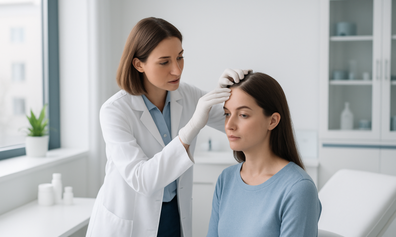 Doctor examining woman's scalp in a medical clinic setting.