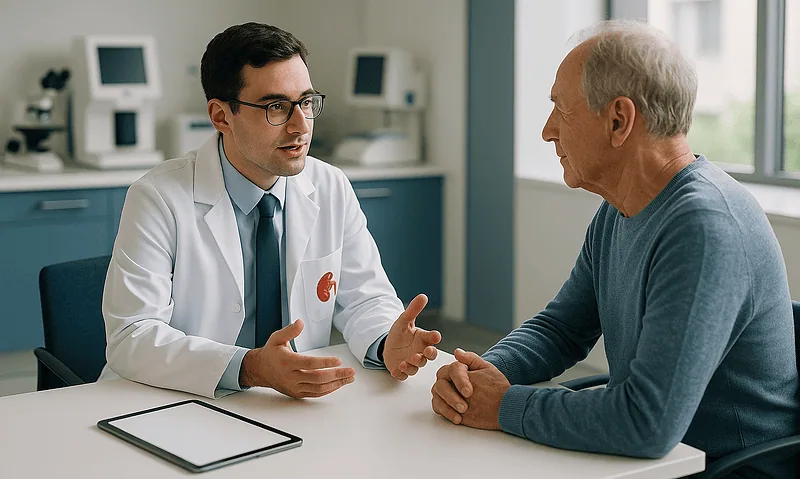 Doctor consulting with an elderly patient in a hospital room.