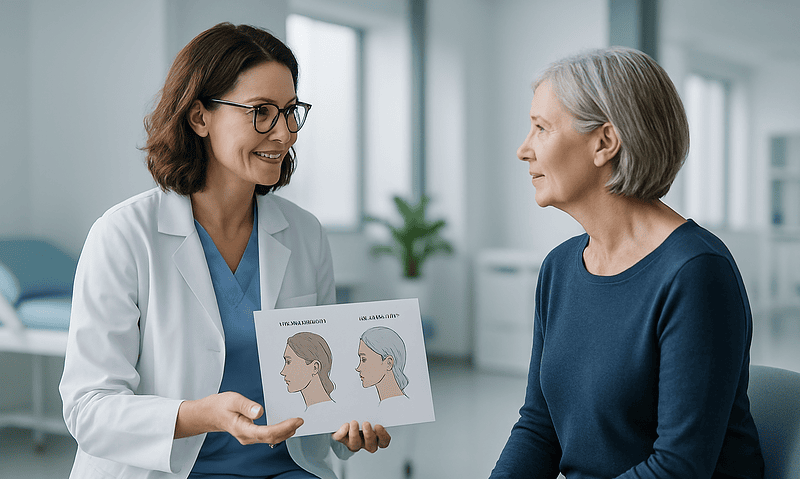 Doctor explaining non-surgical facelift options to an elderly woman.