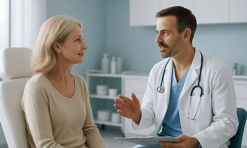 Doctor consulting with an older female patient in a medical office.