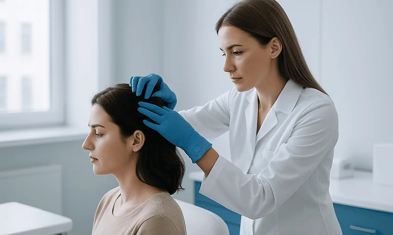 Non-Surgical Hair Restoration Results: Why Months of Consistency Matter More Than One Session 3 Doctor examining woman's scalp for hair restoration treatment.
