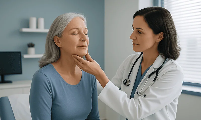 Doctor examining elderly woman's neck in a medical consultation.