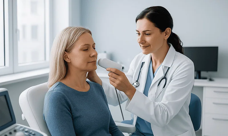 Doctor performing non-surgical facial assessment on patient at clinic.