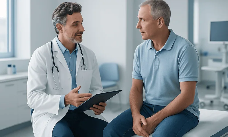 Dentist consulting with a patient about dental treatment options in a clinic.