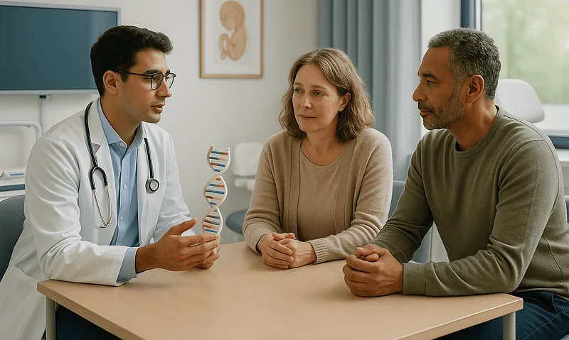 Doctor explaining genetic information to a patient and her partner in a medical consultation room.