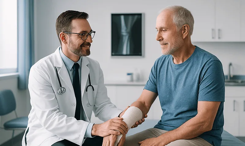 Doctor examining an elderly patient's arm in a hospital setting.