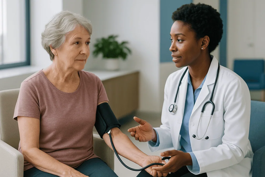 Doctor measuring patient's blood pressure during consultation: Normal blood pressure by age: does the target really change a