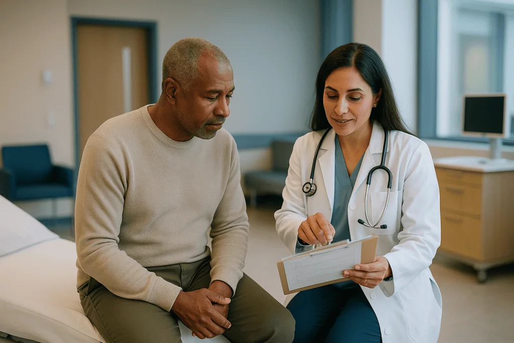 Doctor reviewing medical records with male patient: Normal cystoscopy findings: what a normal report actually says