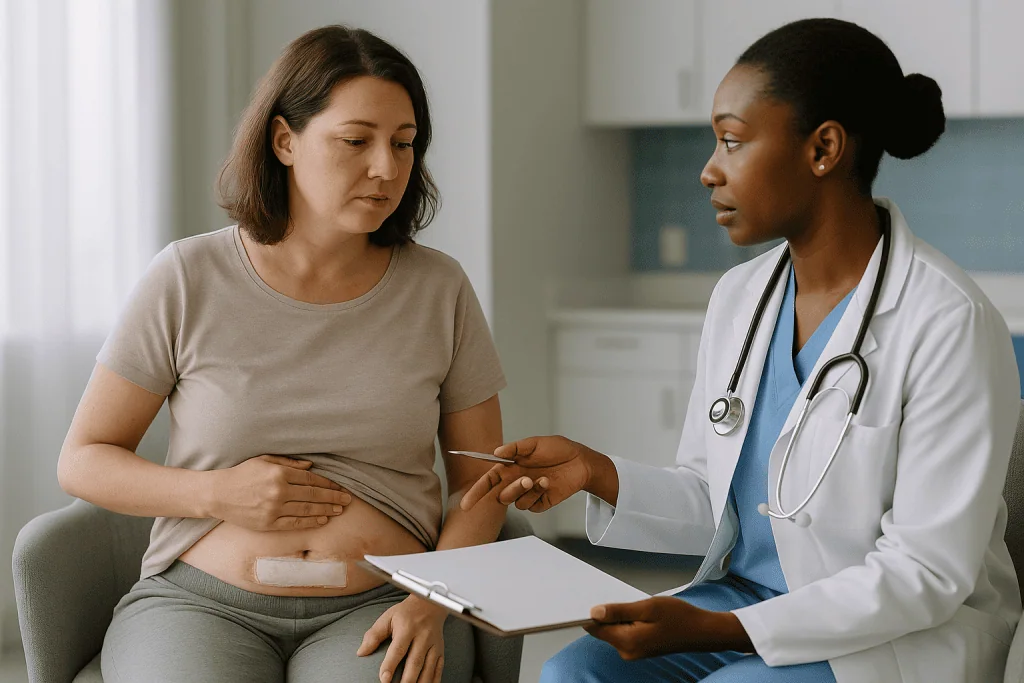 Doctor consulting with patient about abdominal area: Normal healing vs mommy makeover complications: a side-by-side guide