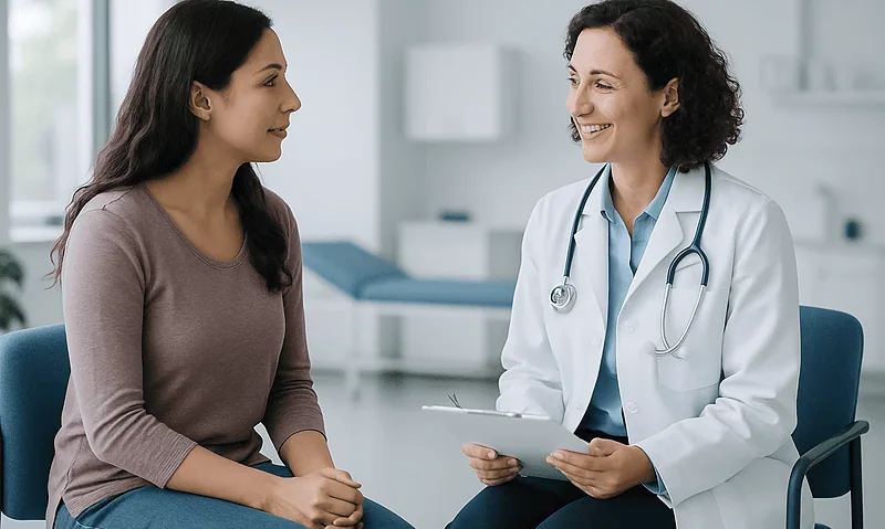 Doctor consulting with a patient in a modern medical office.