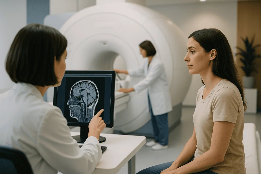 Normal Pressure Hydrocephalus 1 Patient undergoing brain MRI scan at Acibadem Hospital for hydrocephalus evaluation.
