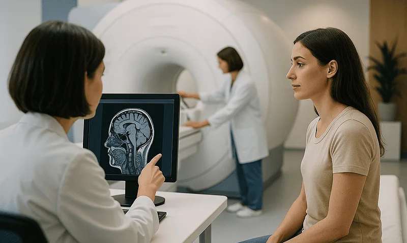 Patient undergoing brain MRI scan at Acibadem Hospital for hydrocephalus evaluation.