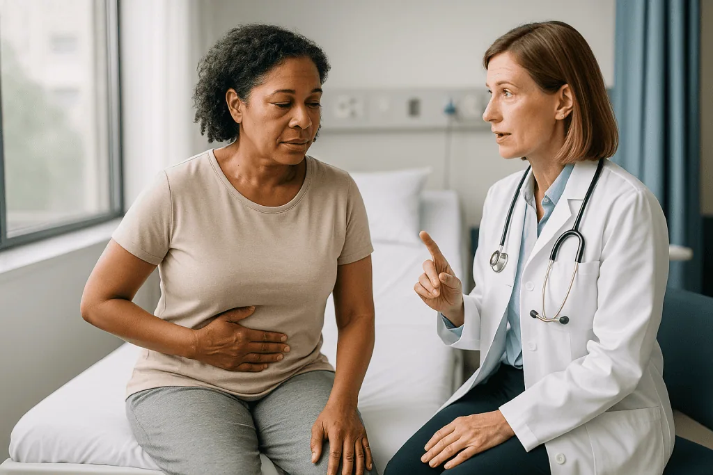 Female doctor consulting with patient about abdominal pain: Normal recovery versus a bile leak: telling them apart