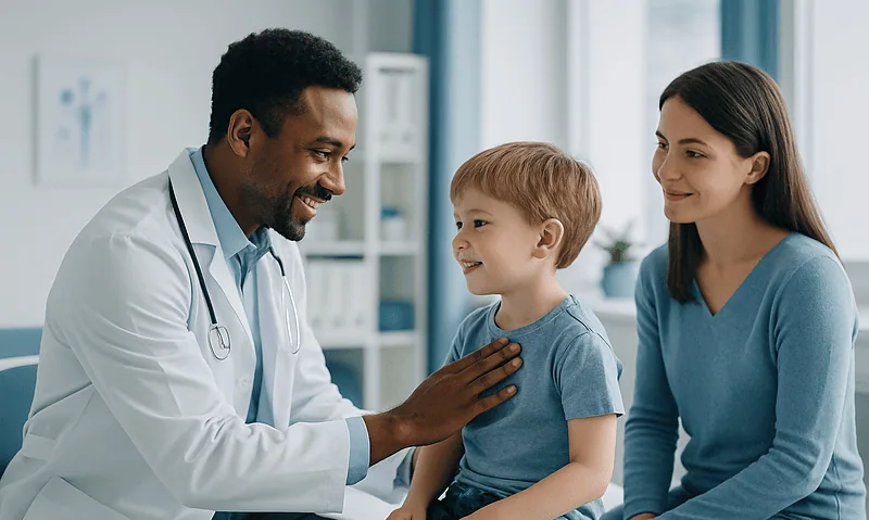 Pediatric consultation with doctor examining young boy in clinic.